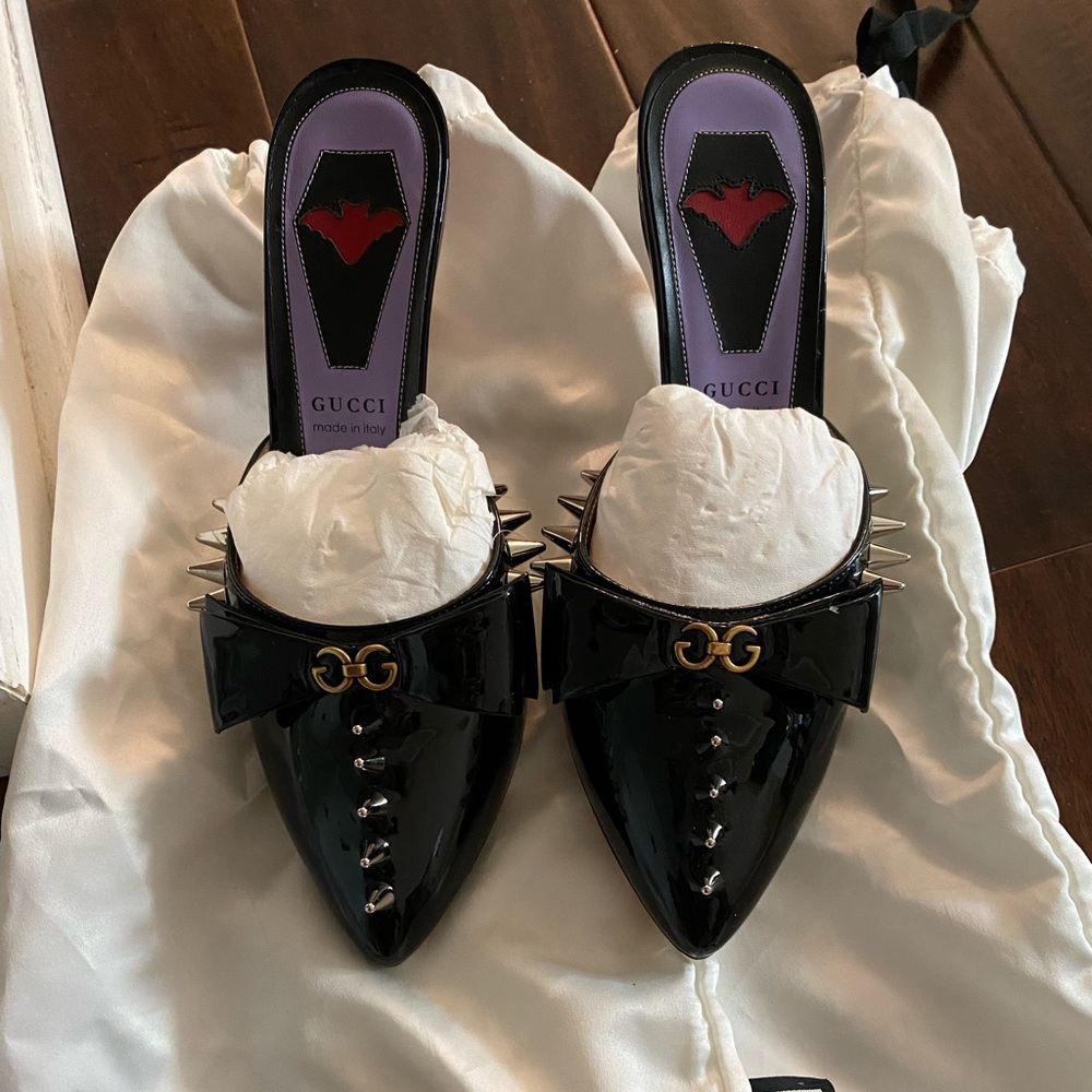 Authentic Black Gucci Heart Heels with Metal Heels and Studs